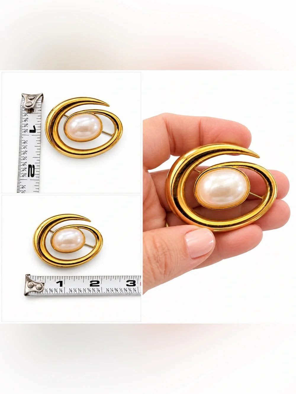 Vintage Monet Gold Tone Faux Pearl Brooch – Modernist Swirl Statement Pin
